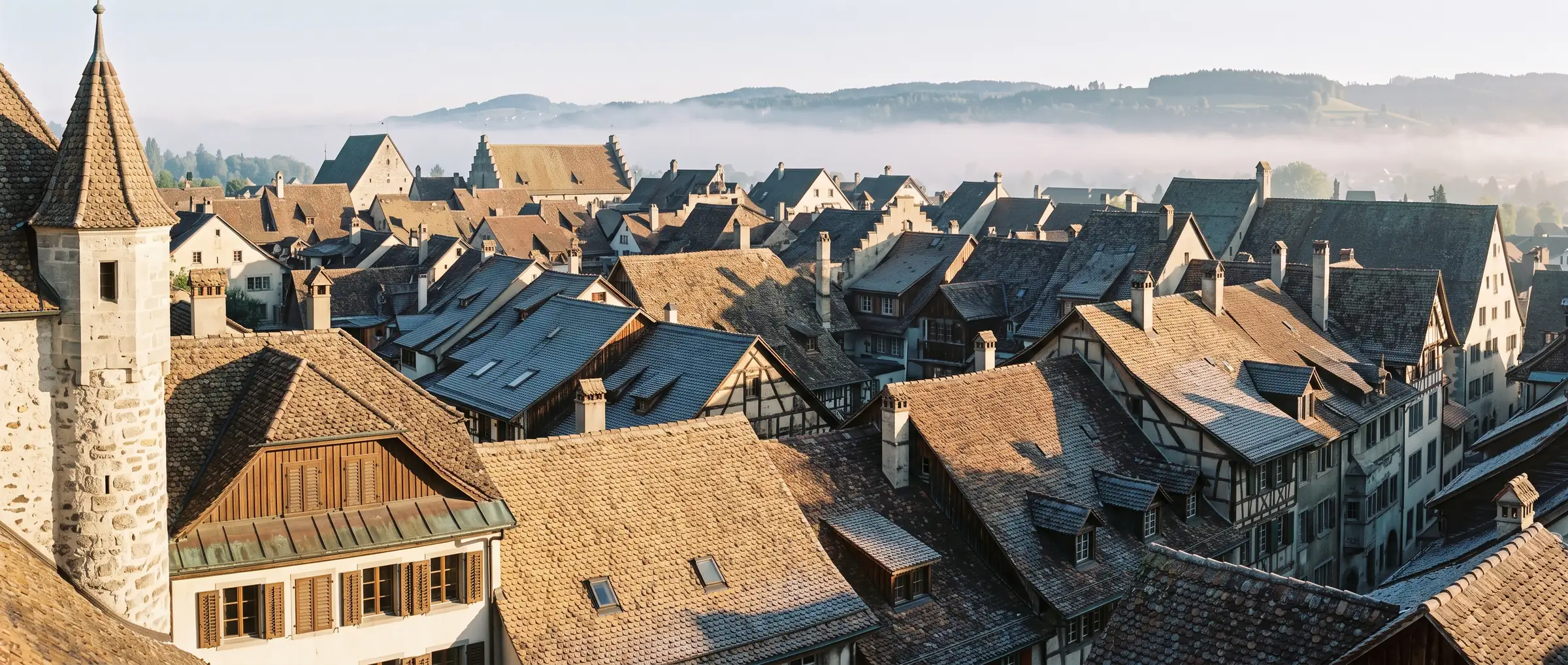 Ziegeldächer einer Altstadt im Morgendunst, dahinter bewaldete Hügel