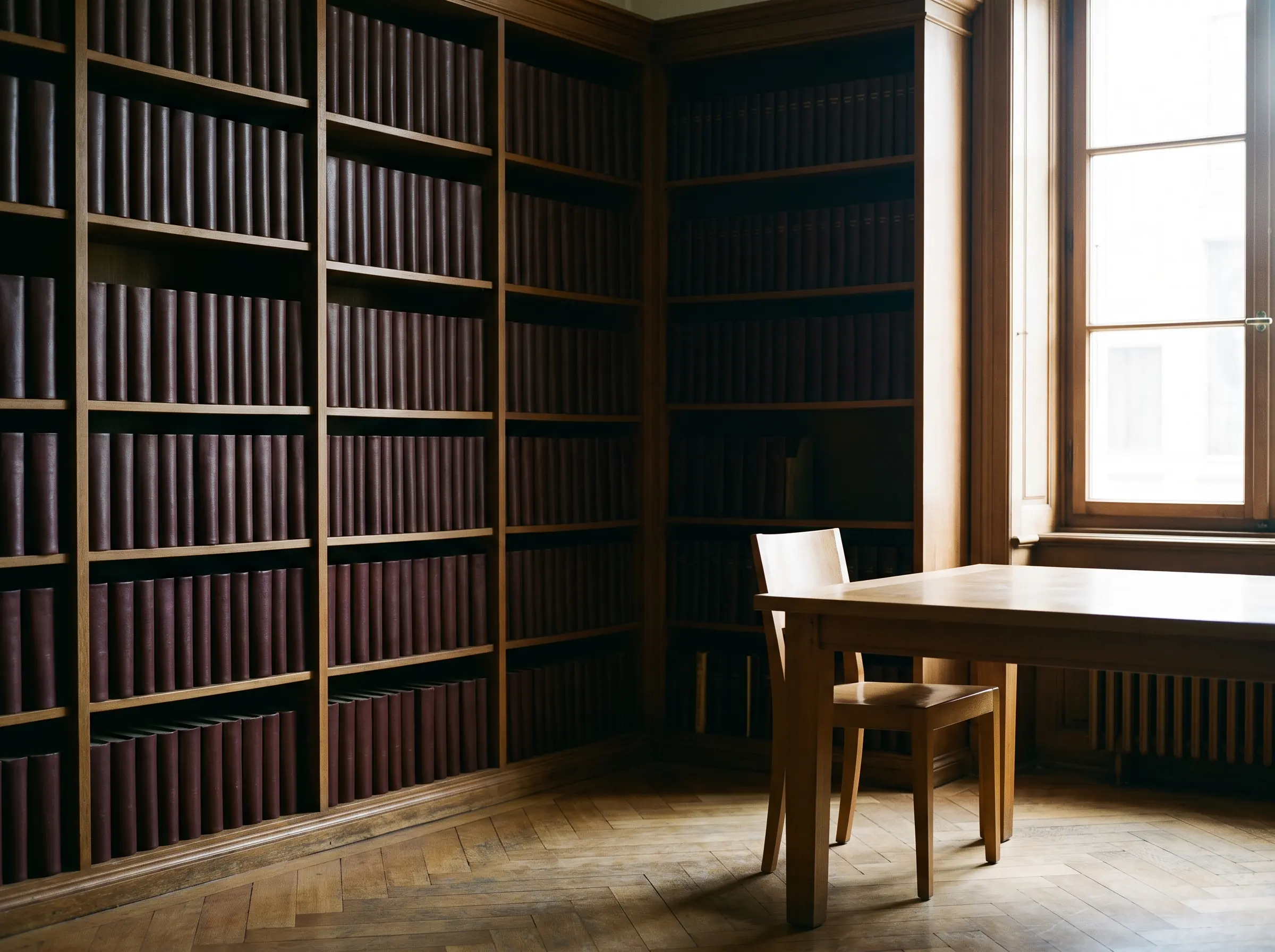 Lesesaal mit hohen Bücherregalen, Holztisch und einem Stuhl am Fenster