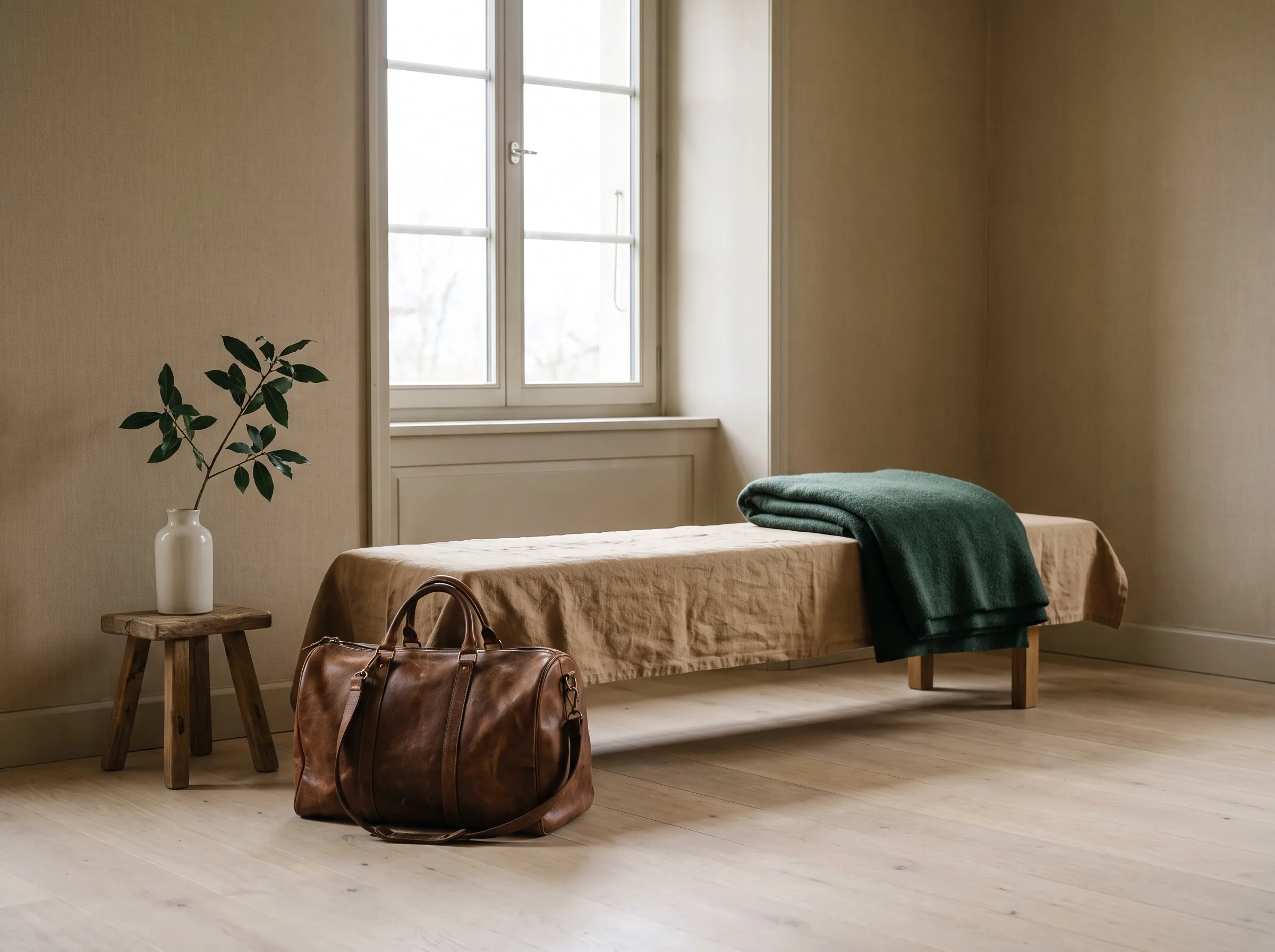 Aufgeräumter heller Raum mit Bank, gefalteter Wolldecke und einer Ledertasche am Fenster